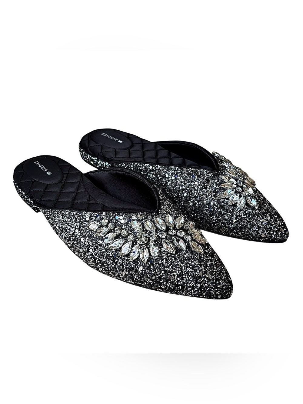 BIRDIES “The Swan” Black Satin & Silver Glitter w/ Rhinestones Mule Flats